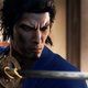 A samurai holds his sword at the ready.